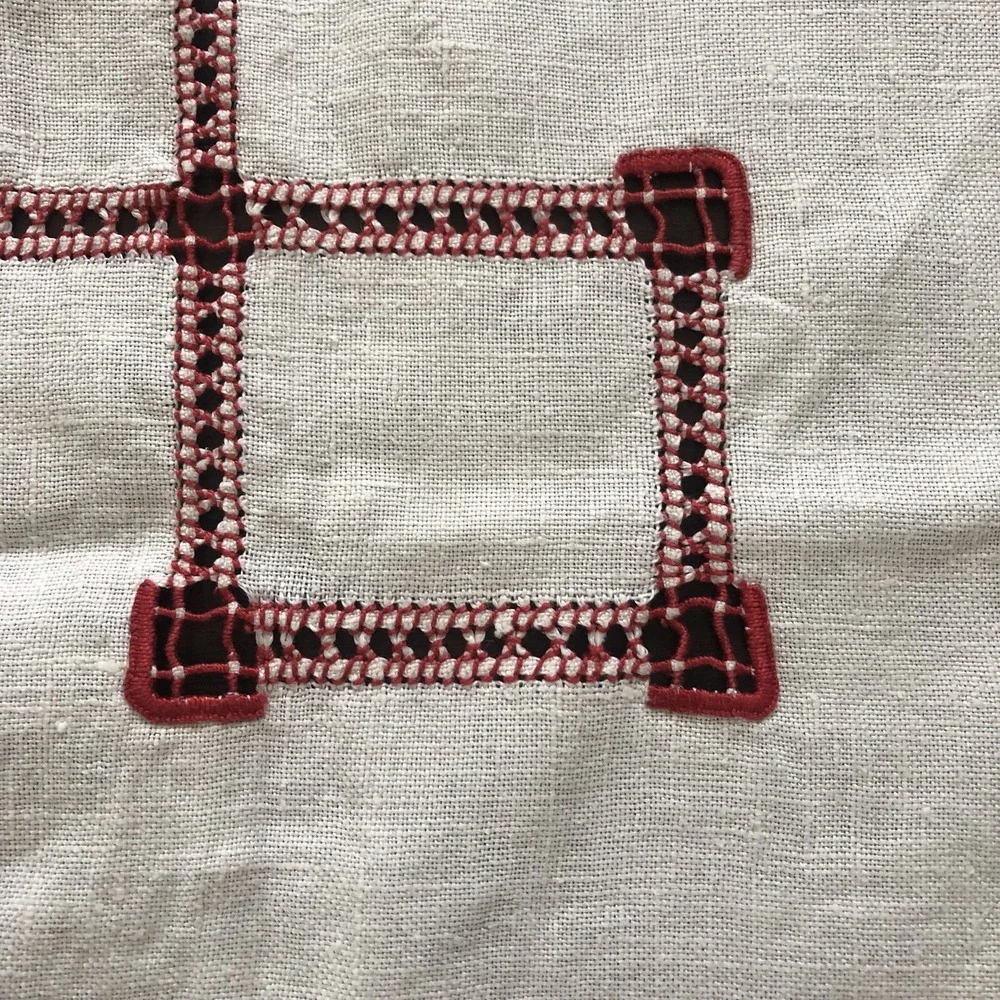 Vintage White Red Linen Cutwork Tablecloth Bed Side Table 31